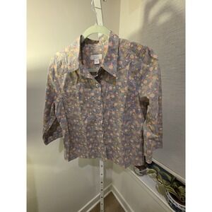 Christopher & Banks Size PL Blue Floral 3/4 Sleeve Button Down Preppy Casual